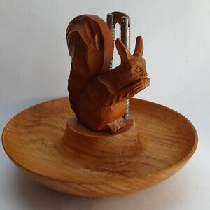 VTG Nut Bowl Hand Carved Wood Squirrel with Nutcracker Germany 1970s Rare